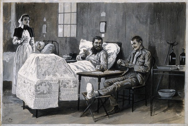 Boer War: two wounded men, one Boer and one British, playing at cards in a hospital ward as a nurse looks on. Pen and ink drawing by G. B.