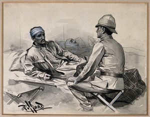view Boer War: a wounded man addresses a superior officer seated at his bedside. Wash drawing by H.H. Piffard.