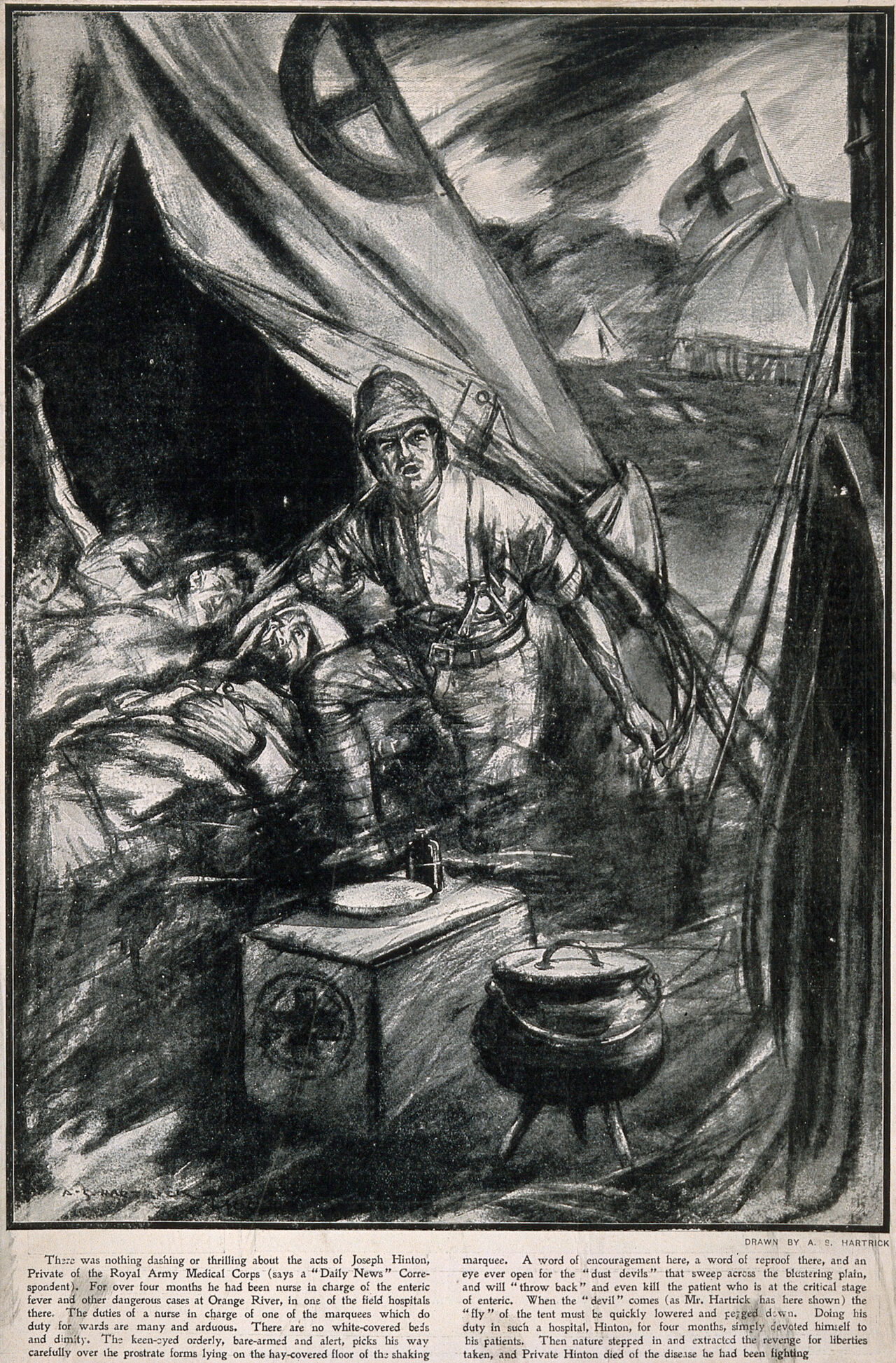 Boer War: an army medical officer, Joseph Hinton, pulling down the fly of a marquee in which lie soldiers with enteric fever. Process print after A. S. Hartrick, c. 1900., by Archibald Standish Hartrick