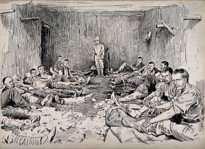 view Boer War: wounded British soldiers lying in a waggon-house which is being used as a temporary hospital. Pen and ink drawing by H. Johnson.