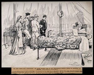 view Boer War: the High Commissioner for South Africa, Sir Alfred Milner, visiting a hospital ward where two men lie injured. Pen drawing by Sahr, c.1901, after H.D. Collison-Morley.