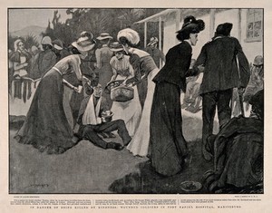 view Boer War: a busy street scene with gracious ladies offering food, drink and assistance to wounded soldiers. Process print after C. Shepperson after A. Johnstone, c. 1900.