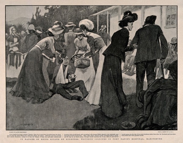 Boer War: a busy street scene with gracious ladies offering food, drink and assistance to wounded soldiers. Process print after C. Shepperson after A. Johnstone, c. 1900.