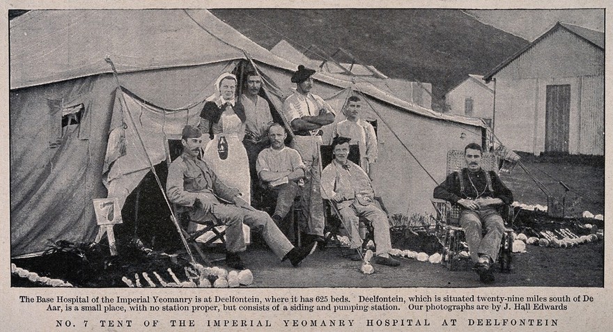 Boer War: soldiers from the Imperial Yeomanry and a nurse outside a military hospital tent. Process print after J. Hall Edwards, 1900.