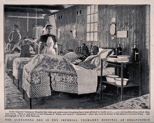 Boer War: a military hospital ward with patient in the "Alexandra" bed donated by the Princess of Wales. Process print after J. Hall Edwards, 1900.