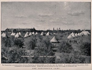 view Boer War: the sanatorium camp used during the siege of Kimberley. Process print after Bennett, 1899.