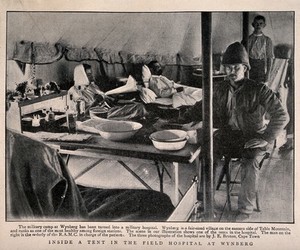 view Boer War: military staff and patients inside a tent in the Wynberg field hospital, South Africa. Halftone, 1900, after J. Bruton.