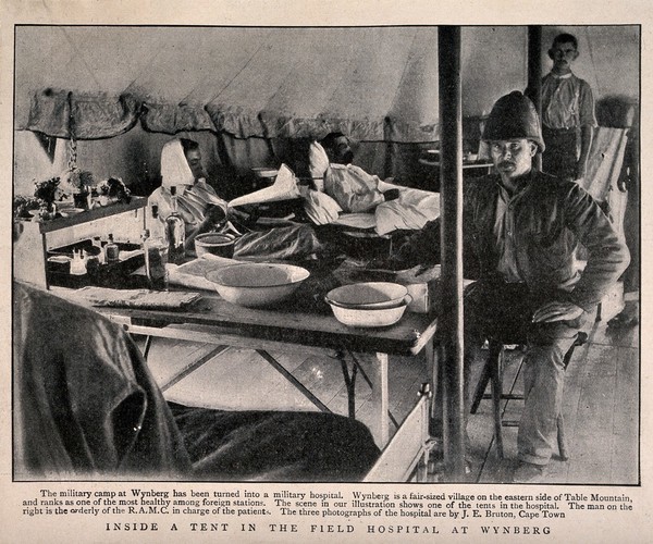 Boer War: military staff and patients inside a tent in the Wynberg field hospital, South Africa. Halftone, 1900, after J. Bruton.