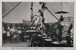 view Boer War: the reading-room at the field hospital, Wynberg, South Africa. Halftone, 1900, after R. Thomas.