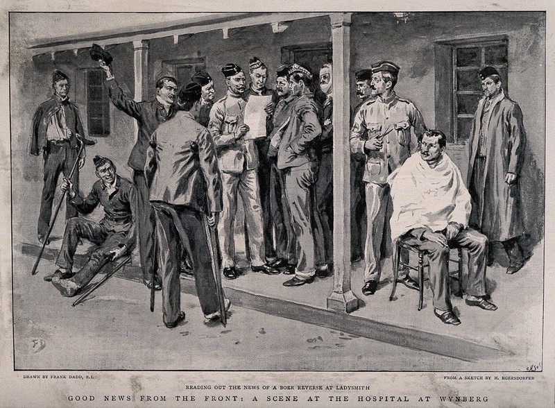 Boer War: a soldier reads out good news from the front as others cheer and a barber stops work. Halftone, 1900, after F. Dadd after H. Egersdorfer., by Heinrich Egersdörfer