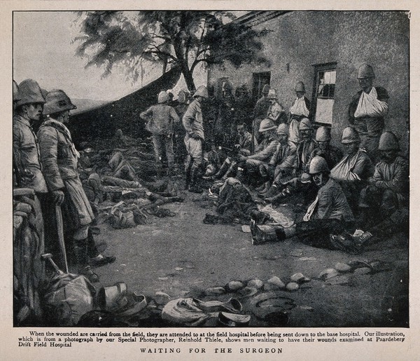 Boer War: wounded soldiers waiting outside a field hospital for examination by the surgeon. Halftone after R. Thiele, c.1900.