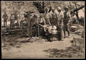 view Boer War: a military physician bandages a wounded man in the open air, others watch. Wash drawing with gouache by H.M. Paget after Reinhold Thiele, 1900.