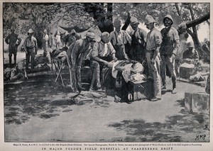 view Boer War: a military physician bandages a wounded man in the open air, others watch. Halftone after H.M. Paget after R. Thiele, 1900.