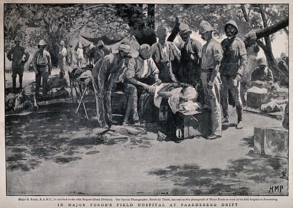 Boer War: a military physician bandages a wounded man in the open air, others watch. Halftone after H.M. Paget after R. Thiele, 1900.