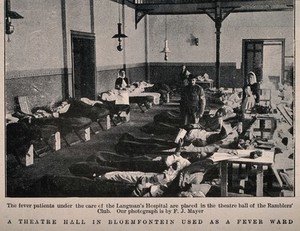 view Boer War: fever patients in a ward at the military hospital at Bloemfontein, South Africa. Halftone, c. 1900, after F. Mayer.