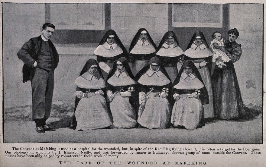 Boer War: a group of nuns outside the military hospital at Mafeking, South Africa. Halftone, c.1900, after J. Emerson Neilly.