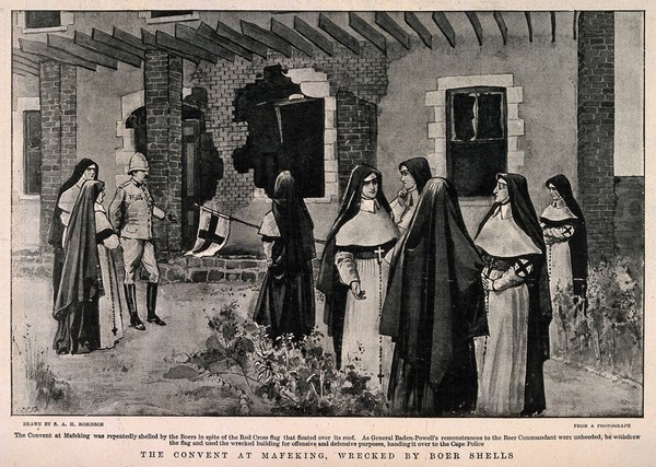 Boer War: nuns and a policeman taking down the Red Cross flag from the bomb damaged convent at Mafeking, South Africa. Halftone, c.1900, after S. Robinson.