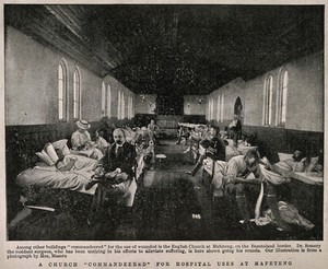 view Boer War: a full military hospital ward in a church at Mafeteng, South Africa. Halftone, c. 1900, after M. Maseru.