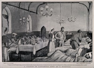 view Boer War: a full military hospital ward housed in a church in Ladysmith, South Africa. Halftone, c.1900, after H. Paget after H. McCormick.