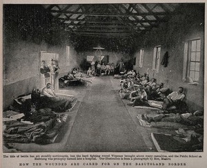 view Boer War: men lying in a military hospital housed in a public school at Mafeteng, South Africa. Halftone, c.1900, after M. Maseru.