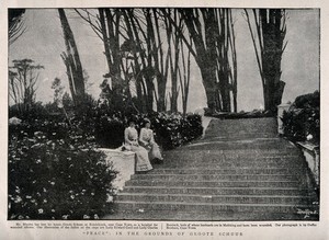view Boer War: two aristocratic ladies in the grounds of a large house used as a military hospital at Rondebosch, South Africa. Halftone, c. 1900, after Duffus Brothers.