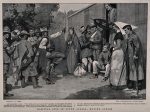 view Boer War: some African people demonstrate their wares to staff and patients from a military hospital, South Africa. Halftone after J. Waugh, 1900.