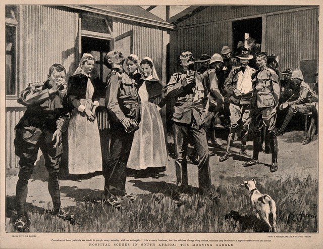 Boer War: patients outside a military hospital gargling with antiseptic while being watched by three nurses. Halftone, c.1900, after F. de Haenen.