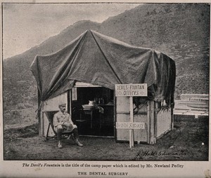 view Boer War: a dentist outside his hut at a military hospital. Halftone, c.1900, after J. Hall-Edwards.