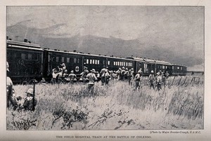 view Boer War: a hospital train at the Battle of Colenso with soldiers milling around. Halftone, c. 1900, after H. Brazier-Creagh.