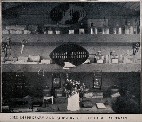 Boer War: the dispensary and surgery in a hospital train. Halftone, c. 1900.