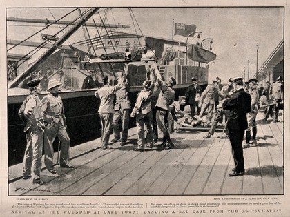 Boer War: wounded soldiers being lifted off a hospital ship and carried away on stretchers. Halftone, c. 1900, after F. de Haenen after J. Bruton.