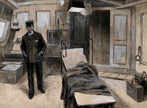 view Boer War: the operating theatre of a hospital ship in which stands a naval man. Gouache painting by F. Dickinson, 1899.