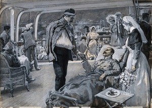 view Boer War: the ward of a hospital ship in which a nurse converses with an anxious lady and her daughter. Gouache painting by F. Dickinson, 1899.