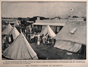 view Boer War: people, tents and the field hospital at the women's laager in Mafeking (Mahikeng), South Africa. Halftone, c. 1900, after W. Weekes.