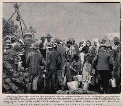 Boer War: people queueing to fill buckets from a well in the women's laager in Mafeking (Mahikeng), South Africa. Halftone, c. 1900, after W. Weekes.