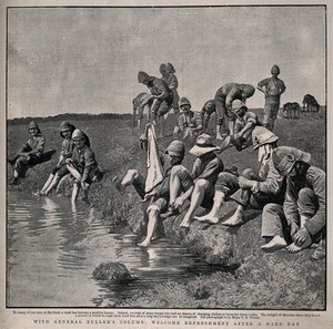 view Boer War: soldiers washing their feet in a stream. Halftone, c.1900, after T. Winter.