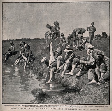Boer War: soldiers washing their feet in a stream. Halftone, c.1900, after T. Winter.