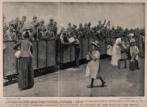 view Boer War: soldiers in packed train carriages receive tea from women and children at Gillitts station. Halftone by C.H., 1900, after H. Paget after M. Ellis.