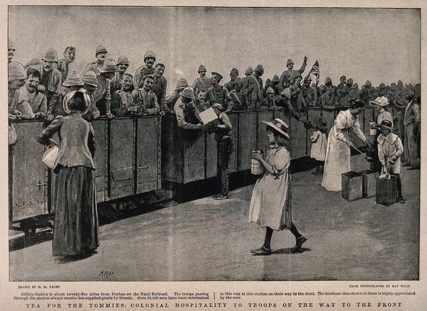 Boer War: soldiers in packed train carriages receive tea from women and children on the ground. Halftone, c.1900, after H. Paget after M. Ellis.