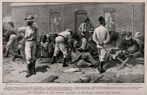 view Second Matabele War, Zimbabwe: in the aftermath of an explosion in Bulawayo, the injured are cared for in the street. Halftone by Hentschel after C.J. Staniland  after C. E. Fripp, 1896.