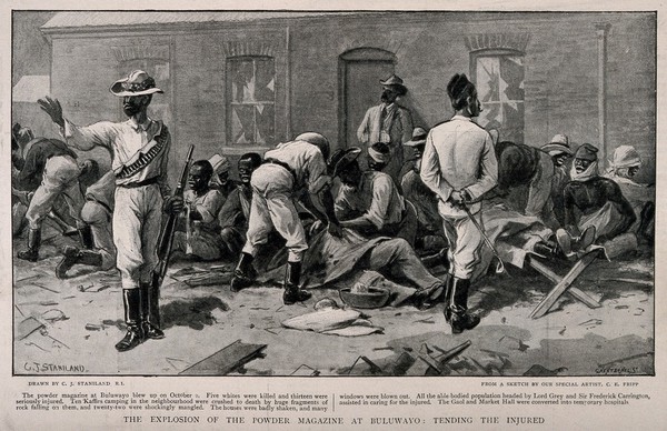 Second Matabele War, Zimbabwe: in the aftermath of an explosion in Bulawayo, the injured are cared for in the street. Halftone by Hentschel after C.J. Staniland  after C. E. Fripp, 1896.