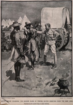 Boer War: an army officer examines the scarred backs of whipped African deserters. Halftone after J. Finnemore after E. Prater.