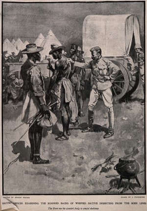 view Boer War: an army officer examines the scarred backs of whipped African deserters. Halftone after J. Finnemore after E. Prater.