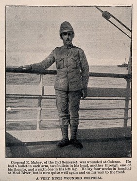 Boer War: a soldier standing on deck after a long recovery from war wounds. Halftone, c. 1900.