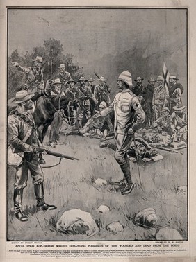 Boer War: a British officer on a battlefield demanding possession of the wounded from the Boers. Halftone, 1900, after R. M. Paxton after E. Prater.