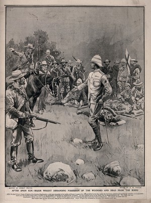 view Boer War: a British officer on a battlefield demanding possession of the wounded from the Boers. Halftone, 1900, after R. M. Paxton after E. Prater.