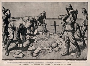 view Boer War: soldiers placing stones over the graves of their comrades on the Modder River. Halftone, c. 1899, after W. W. Russell after A. C. Girdwood.