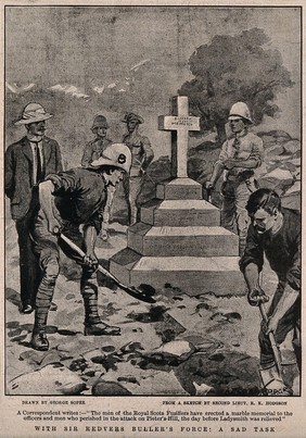 Boer War: soldiers erecting a marble memorial to men who died in the attack on Pieter's Hill. Halftone, 1900, after G. Soper after R. K. Hodgson.