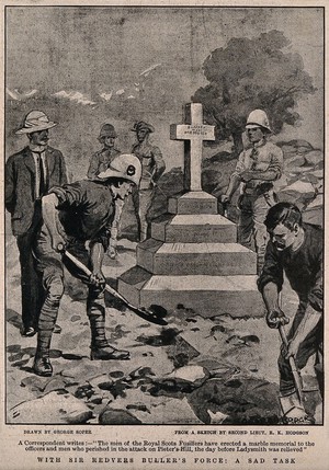view Boer War: soldiers erecting a marble memorial to men who died in the attack on Pieter's Hill. Halftone, 1900, after G. Soper after R. K. Hodgson.