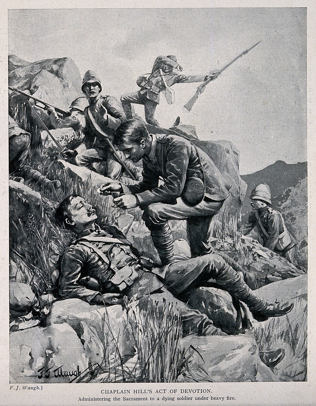 Boer War: a chaplain administering the Sacrament to a dying soldier on a battlefield. Halftone, c. 1900, after F. J. Waugh., 1900, by Frederick Judd Waugh